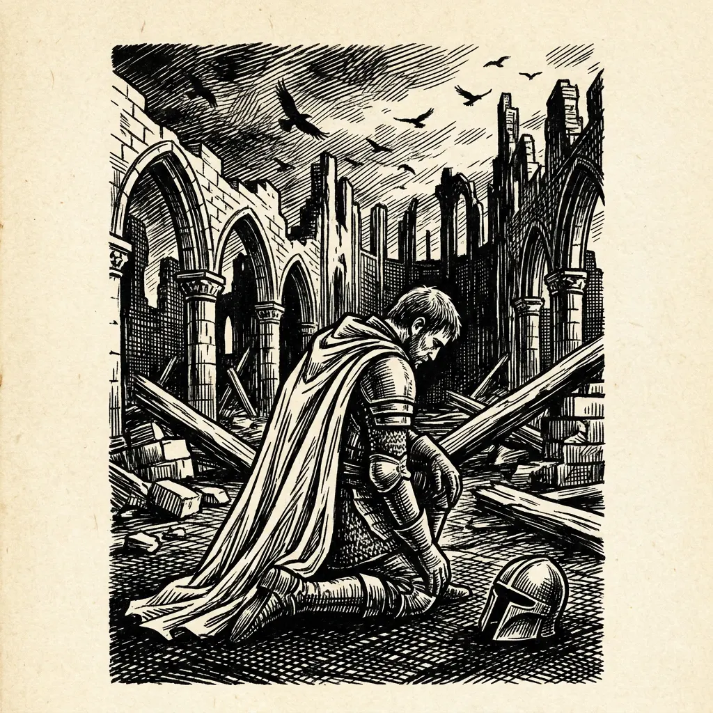 Woodcut engraving of a knight kneeling in cathedral ruins, helmet on the ground